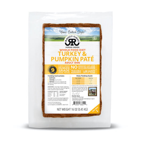 Raised Right Adult Dog Recipe - Turkey & Pumpkin Paté 16oz Frozen Flexible Tray