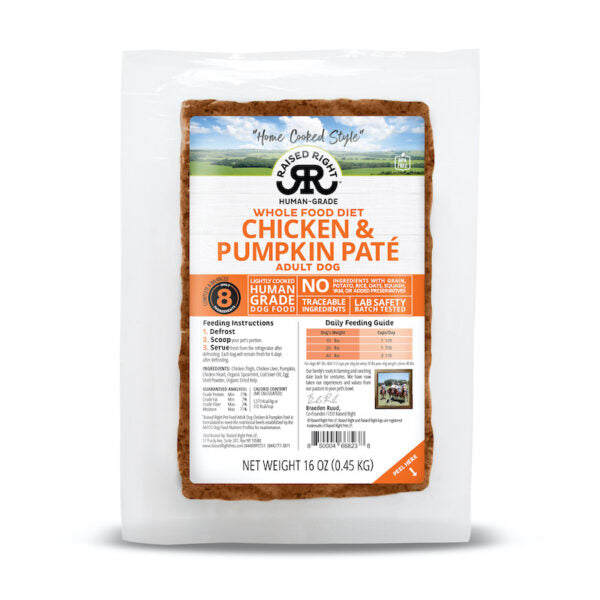 Raised Right Adult Dog Recipe - Chicken & Pumpkin Paté 16oz Frozen Flexible Tray