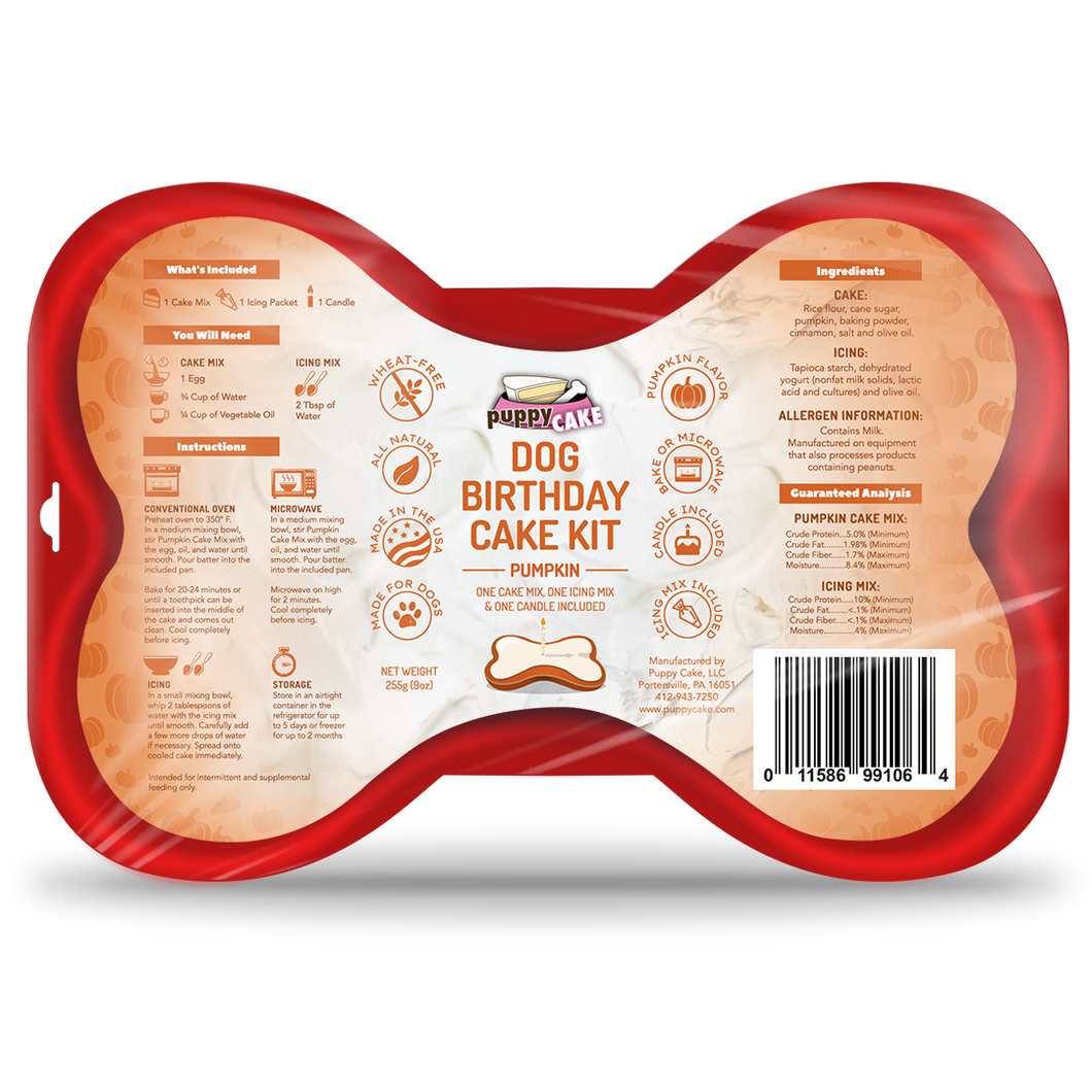 Puppy Cake Dog Birthday Cake Kit- Pumpkin Cake Mix, Icing Mix, and One Candle