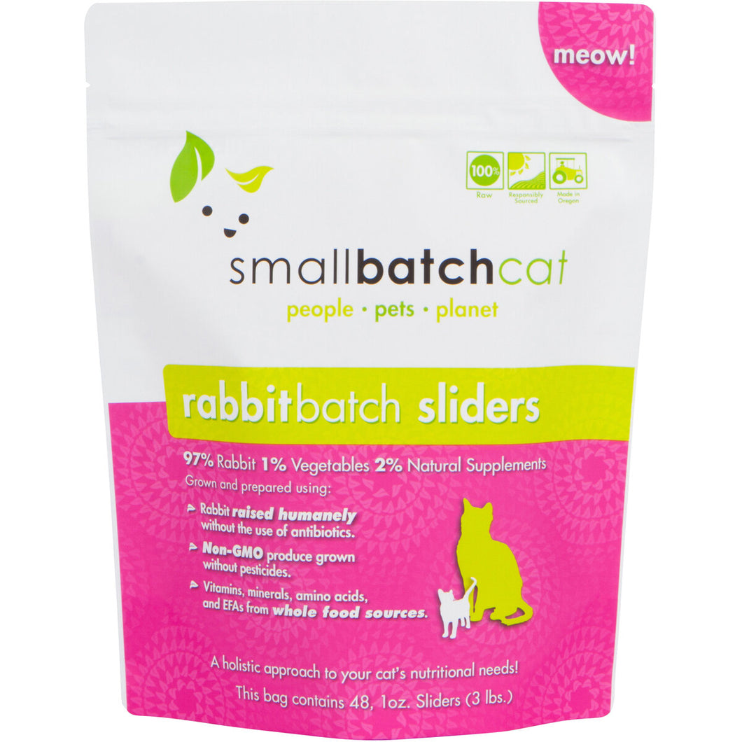SmallBatch Frozen Raw Cat Food - Rabbit Sliders 3lb Bag - 48 1oz sliders *Special Order Only*