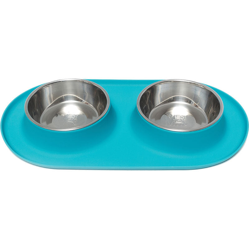 Messy Mutts Double Silicone Feeder with Stainless Bowl - Medium 1.5 Cup Bowl - Blue