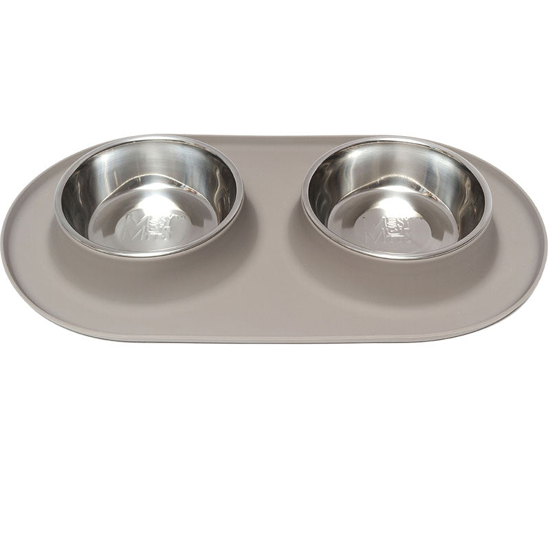 Messy Mutts Double Silicone Feeder with Stainless Bowl - Medium 1.5 Cup Bowl - Grey