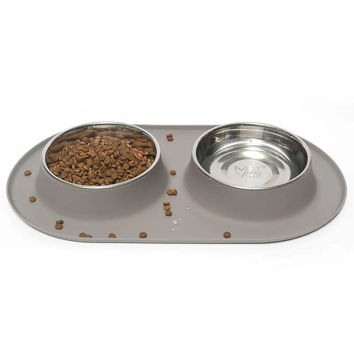 Messy Mutts Double Silicone Feeder with Stainless Bowl - Large 3 Cup Bowl - Grey