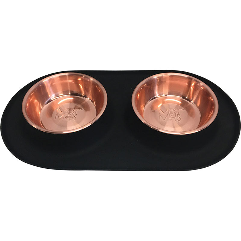 Messy Mutts Double Silicone Feeder with Copper Bowl - Medium 1.5 Cup Bowl - Black