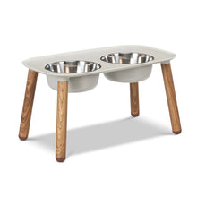 Load image into Gallery viewer, Messy Mutts Elevated Double Feeder with Stainless Bowls - Adjustable Height 3&quot; to 10&quot;, 5 Cups Per Bowl - Light Grey w/ Faux Wood Legs