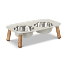 Load image into Gallery viewer, Messy Mutts Elevated Double Feeder with Stainless Bowls - Adjustable Height 3&quot; to 10&quot;, 5 Cups Per Bowl - Light Grey w/ Faux Wood Legs