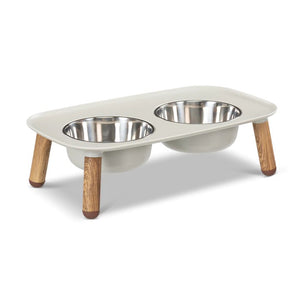 Messy Mutts Elevated Double Feeder with Stainless Bowls - Adjustable Height 3" to 10", 5 Cups Per Bowl - Light Grey w/ Faux Wood Legs