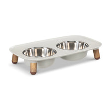 Load image into Gallery viewer, Messy Mutts Elevated Double Feeder with Stainless Bowls - Adjustable Height 3" to 10", 5 Cups Per Bowl - Light Grey w/ Faux Wood Legs