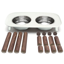 Load image into Gallery viewer, Messy Mutts Elevated Double Feeder with Stainless Bowls - Adjustable Height 3" to 10", 5 Cups Per Bowl - Light Grey w/ Faux Wood Legs