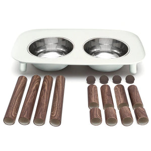 Messy Mutts Elevated Double Feeder with Stainless Bowls - Adjustable Height 3" to 10", 5 Cups Per Bowl - Light Grey w/ Faux Wood Legs