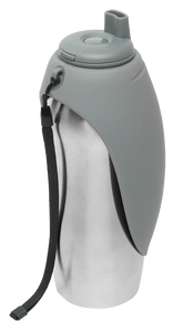 Messy Mutts Stainless Steel Travel Water Bottle with Silicone Flip Up Bowl, 24oz / 700mL - Grey