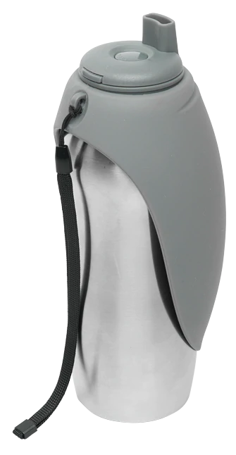Messy Mutts Stainless Steel Travel Water Bottle with Silicone Flip Up Bowl, 24oz / 700mL - Grey