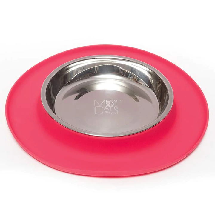 Messy Cats Single Silicone Feeder with Stainless Bowl - Medium 1.75 Cup Bowl - Red