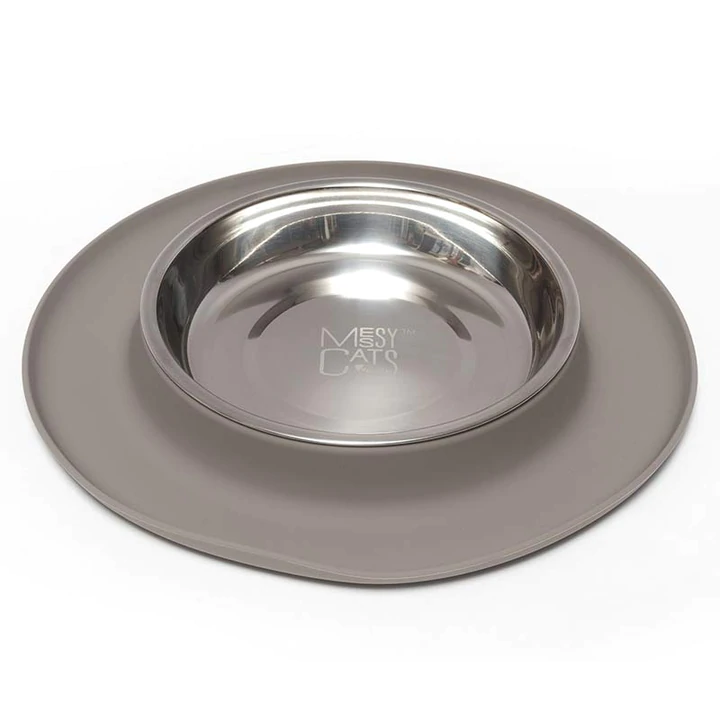 Messy Cats Single Silicone Feeder with Stainless Bowl - Medium 1.75 Cup Bowl - Grey