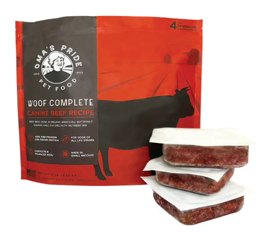 Oma's Pride Frozen Raw Woof Complete Canine Beef Recipe 6lb Bag