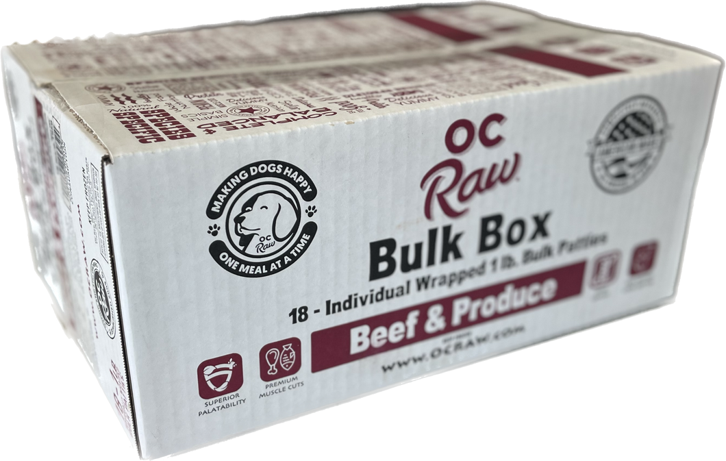 OC Raw Frozen Dog Food Patties Beef & Produce 18lb Bulk Box