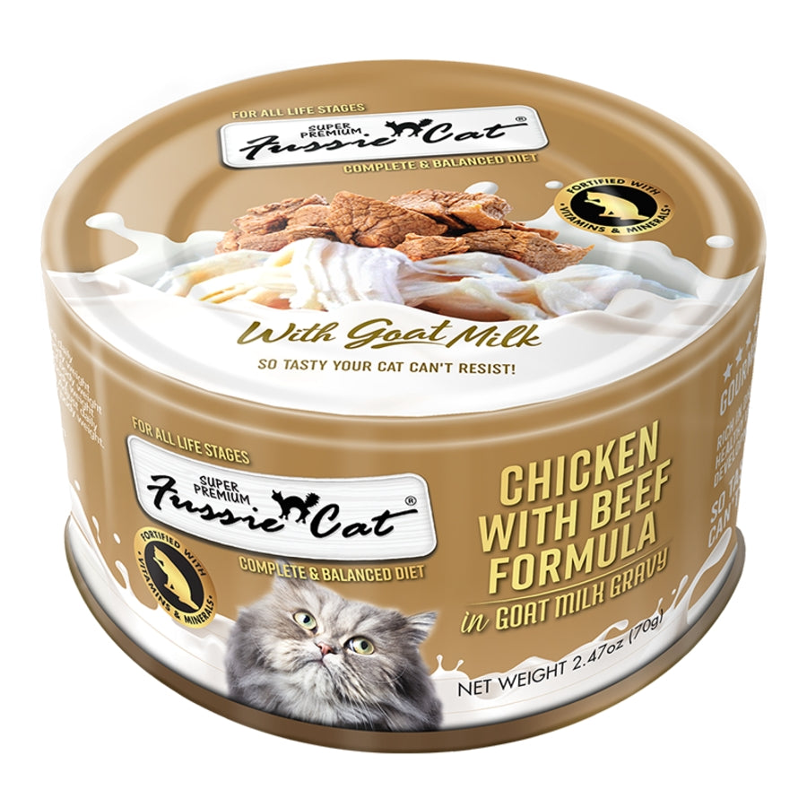 Fussie Cat Wet Cat Food Grain Free Super Premium Chicken with Beef Formula in Goat Milk Gravy 2.47oz Can Single