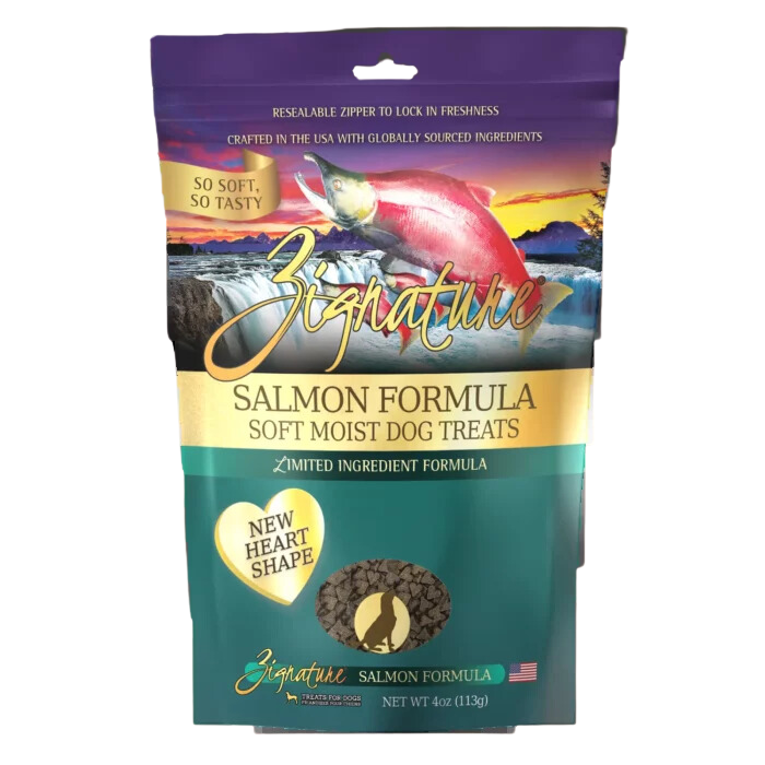 Zignature Dog Treats Grain-Free Soft Moist Salmon Formula 4oz Bag (New Heart Shape)