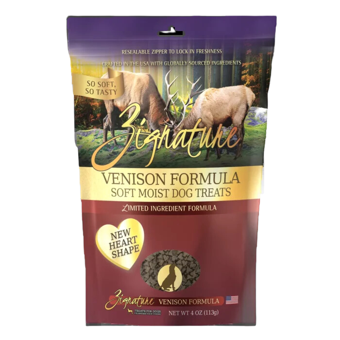 Zignature Dog Treats Grain-Free Soft Moist Venison Formula 4oz Bag (New Heart Shape)