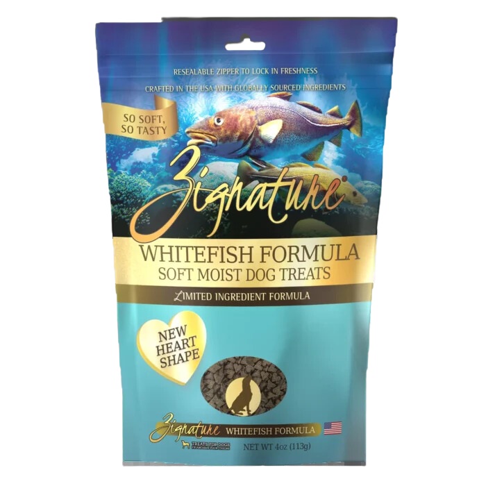Zignature Dog Treats Grain-Free Soft Moist Whitefish Formula 4oz Bag (New Heart Shape)
