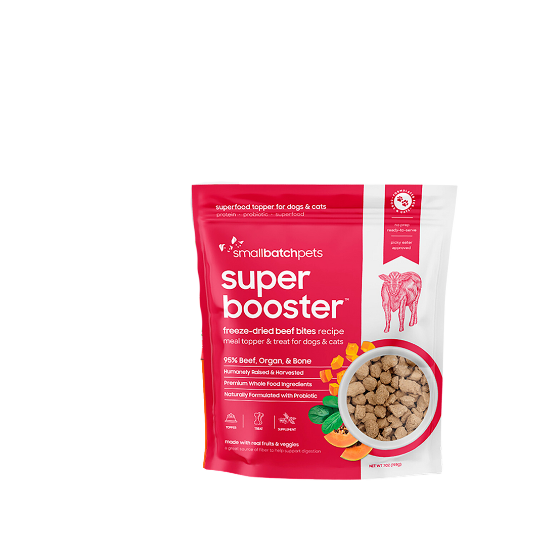 SmallBatch Freeze-Dried Super Booster Meal Topper & Treat for Dogs & Cats - Beef Bites 7oz Bag