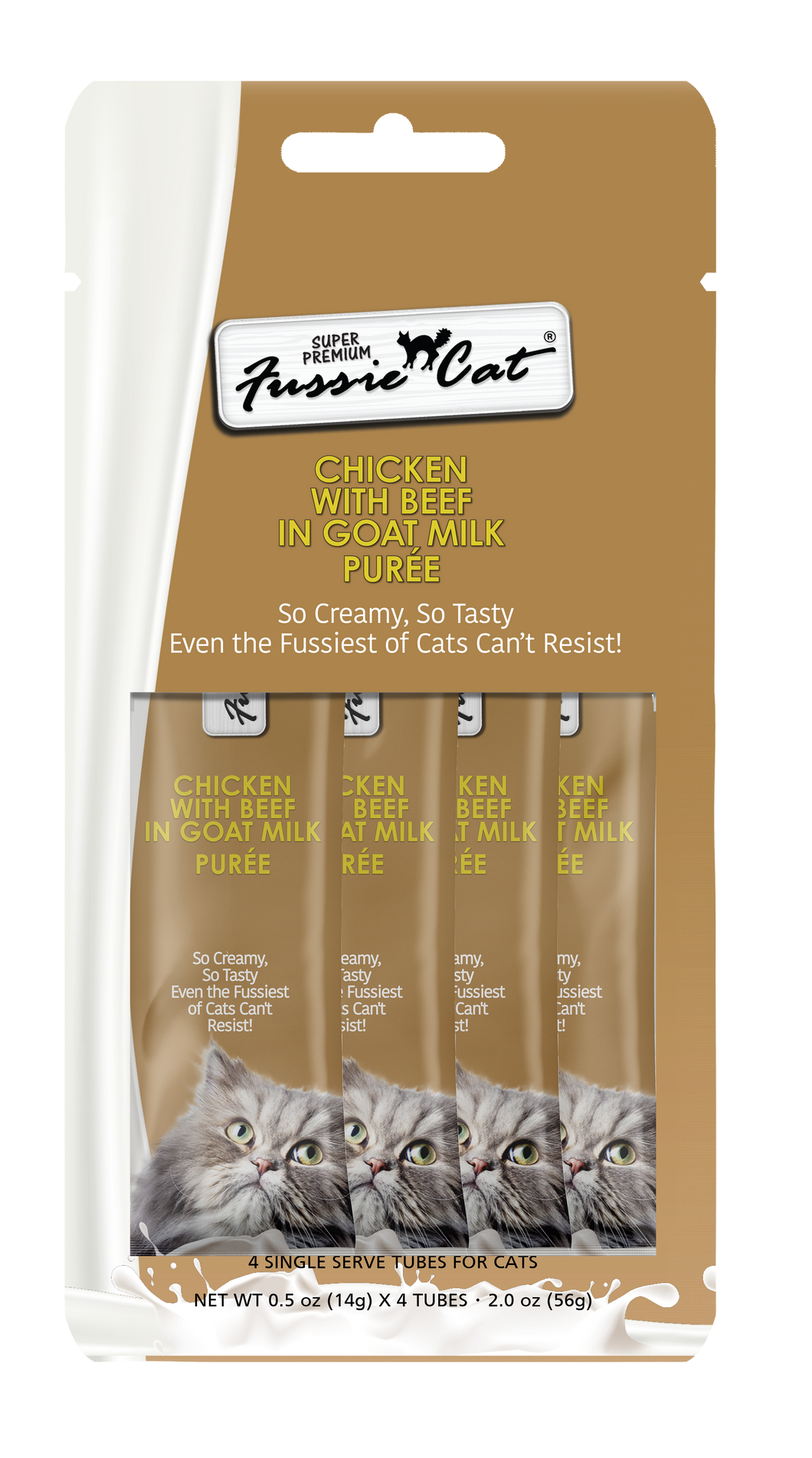 Fussie Cat Goat Milk Purée - Chicken with Beef 4pk 2oz Bag