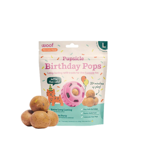 Woof Refill Treat for Pupsicle Toy - XL (75 lbs & up) - Birthday PB & Cake Recipe - 5-pack / 12oz Bag