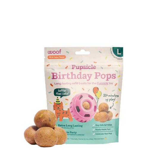 Woof Refill Treat for Pupsicle Toy - XL (75 lbs & up) - Birthday PB & Cake Recipe - 5-pack / 12oz Bag