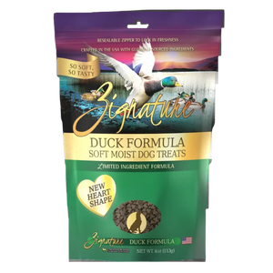Zignature Dog Treats Grain-Free Soft Moist Duck Formula 4oz Bag (New Heart Shape)