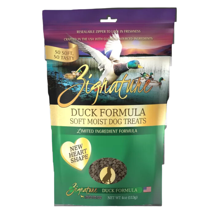 Zignature Dog Treats Grain-Free Soft Moist Duck Formula 4oz Bag (New Heart Shape)
