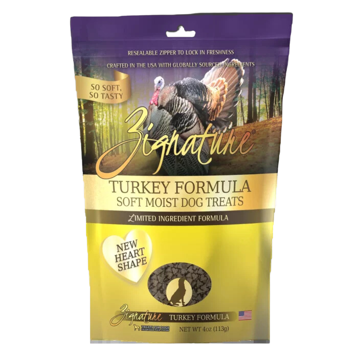 Zignature Dog Treats Grain-Free Soft Moist Turkey Formula 4oz Bag (New Heart Shape)