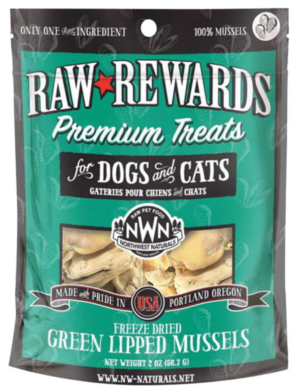 Northwest Naturals Raw Rewards Freeze-Dried Dog & Cat Treats Green Lipped Mussels 2oz Bag