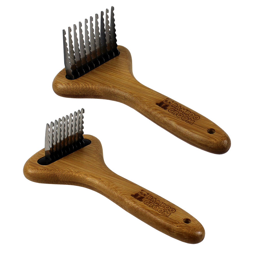 Bamboo Groom Dematting Rake w/ Stainless Steel Serrated Blades - Large