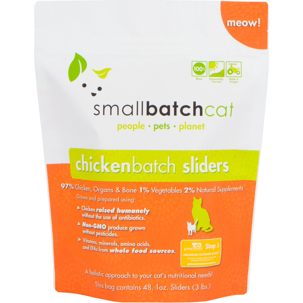 SmallBatch Frozen Raw Cat Food - Chicken Sliders 3lb Bag - 48 1oz sliders