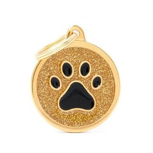 My Family USA Pet Tag - Glitter Apoxie Circles "Shine" - Gold Glitter Black Paw - Large