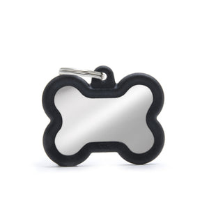 My Family USA Pet Tag - Silencer Integrated "Hushtag" - Bone Chrome Plated Brass Black Rubber - Large