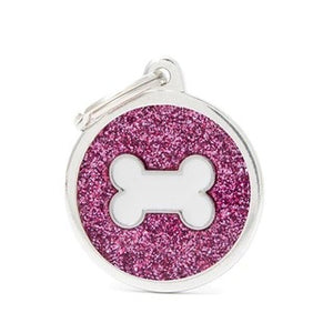 My Family USA Pet Tag - Glitter Apoxie Circles "Shine" - Pink Glitter White Bone - Large