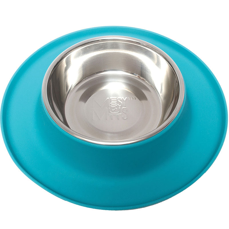 Messy Mutts Single Silicone Feeder with Stainless Bowl - Medium 1.5 Cup Bowl - Blue