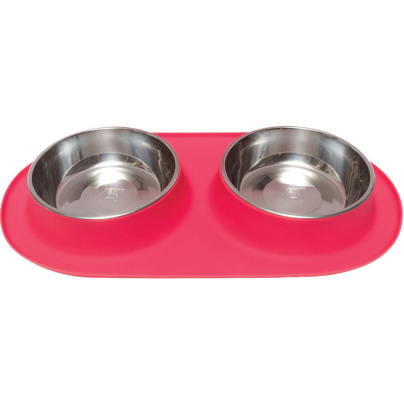 Messy Mutts Double Silicone Feeder with Stainless Bowl - Medium 1.5 Cup Bowl - Red
