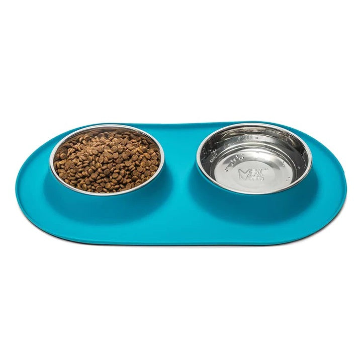 Messy Mutts Double Silicone Feeder with Stainless Bowl - X-Large 6 Cup Bowl - Blue