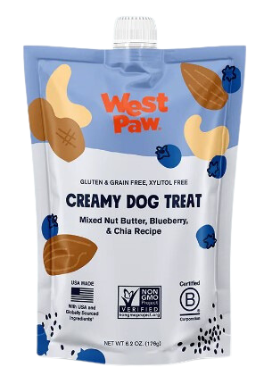 West Paw Creamy Dog Treat Mixed Nut Butter, Blueberry & Chia 6.2oz pouch