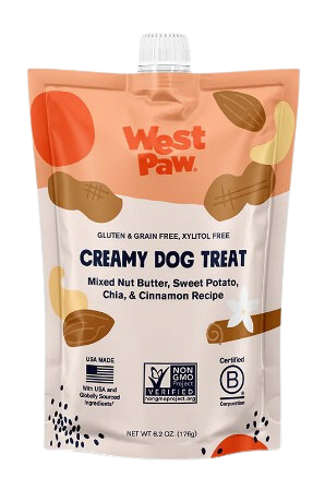 West Paw Creamy Dog Treat Mixed Nut Butter, Sweet Potato, Chia & Cinnamon 6.2oz pouch