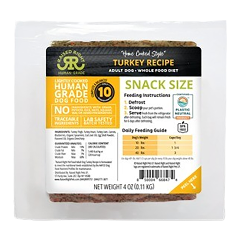 Raised Right Adult Dog Recipe - Turkey 4oz Frozen Snack Size