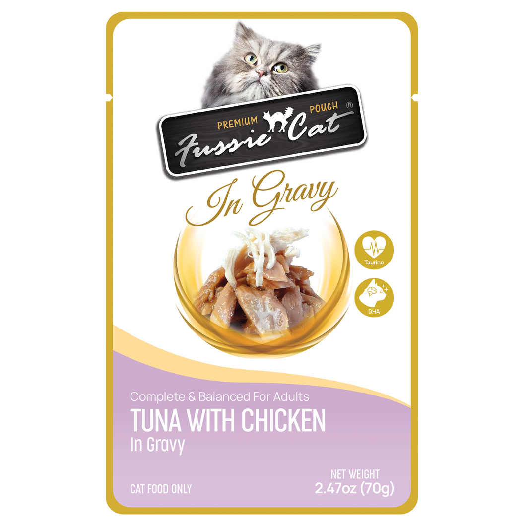 Fussie Cat Wet Cat Food Grain Free Premium Tuna with Chicken Formula in Gravy 2.47oz Pouch Single